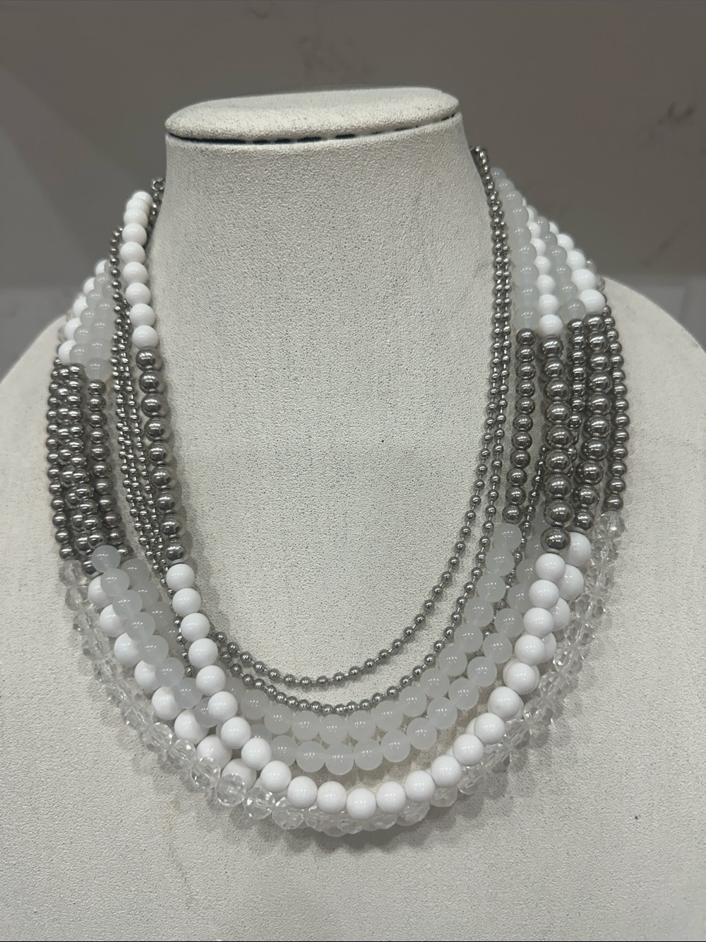 Multi-Strand White and Silver Beaded Necklace - Women's Jewelry